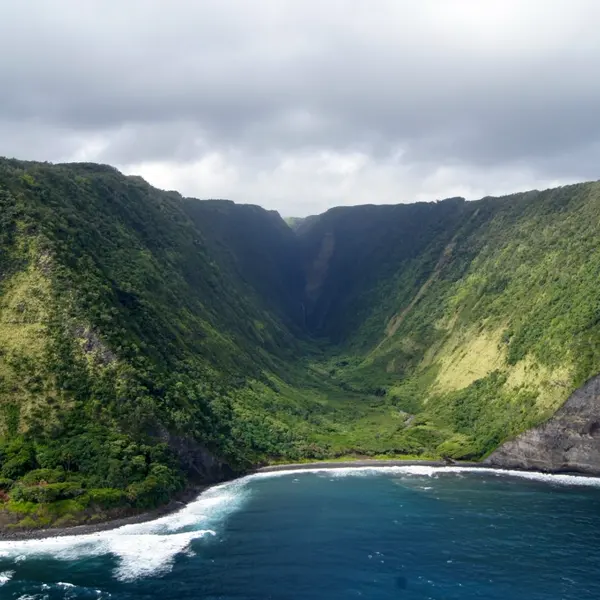 A green Hawaiian valley meeting the ocean